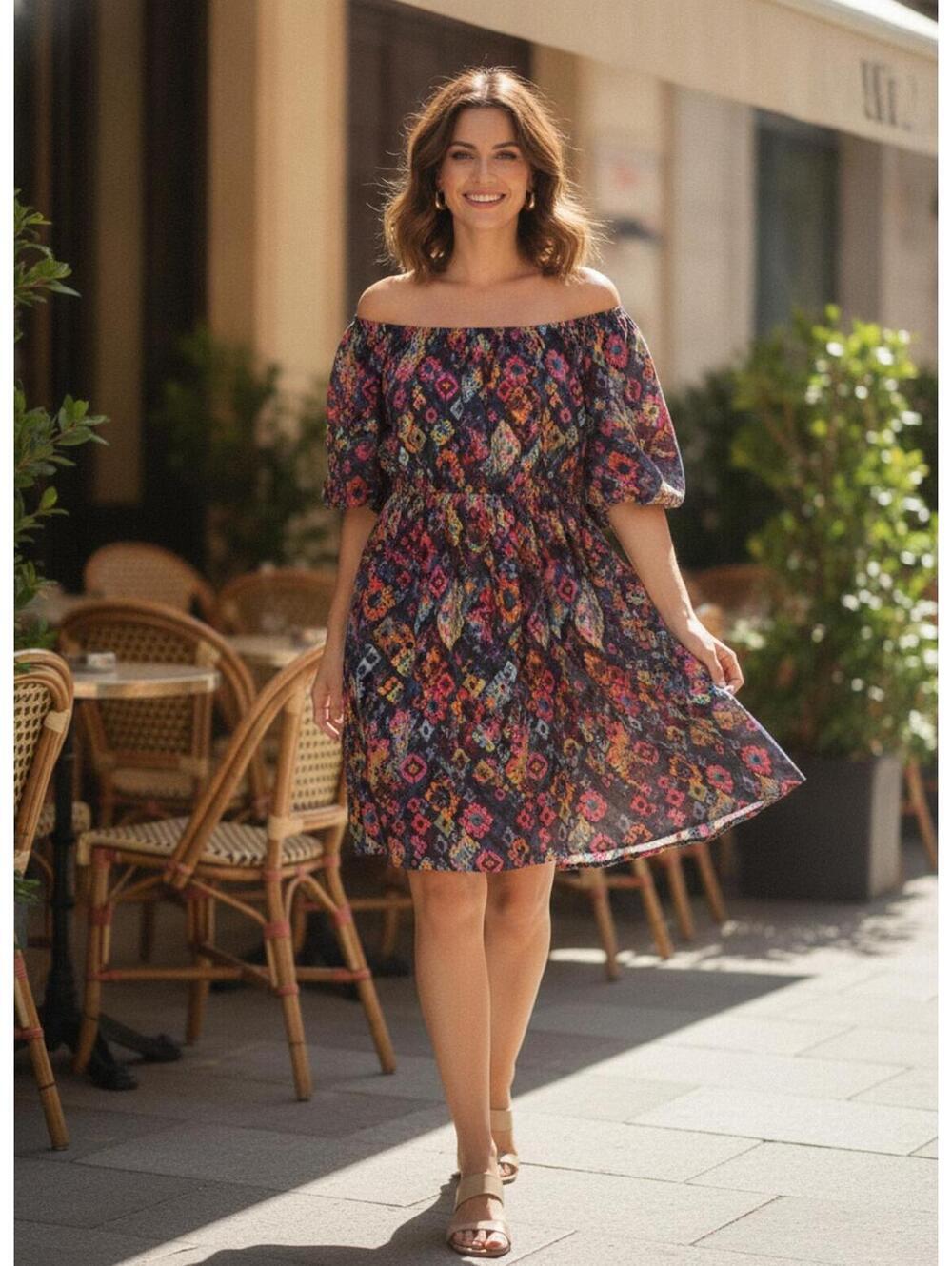 Women’s Multi-Color Geometric Print Puff Sleeve Dress  Linen Blend 0X